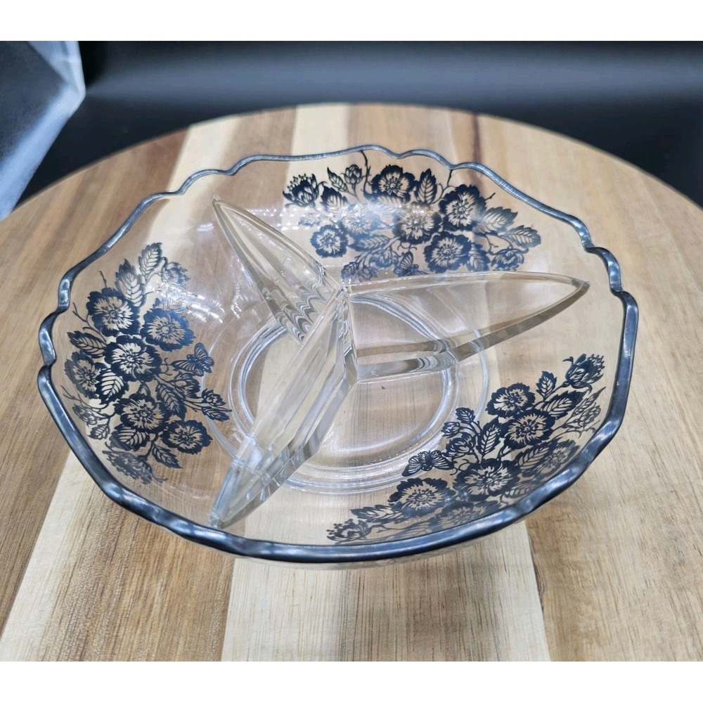 Vintage Crystal Divided Candy Nut Bowl Etched‎ Flowers Silver Trim Trinket Dish